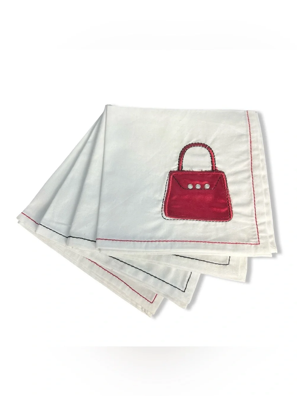Set Of 4 Embroidered Fashion Motif Cotton Cloth Cocktail Napkins White Black Red